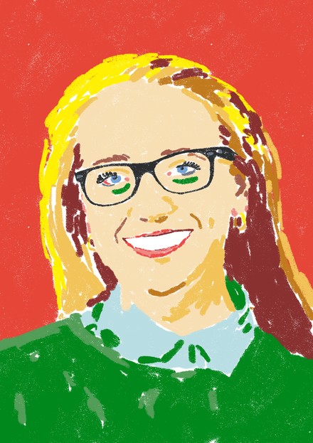 Illustrated picture of Molly Burhans, white woman smiling with glasses